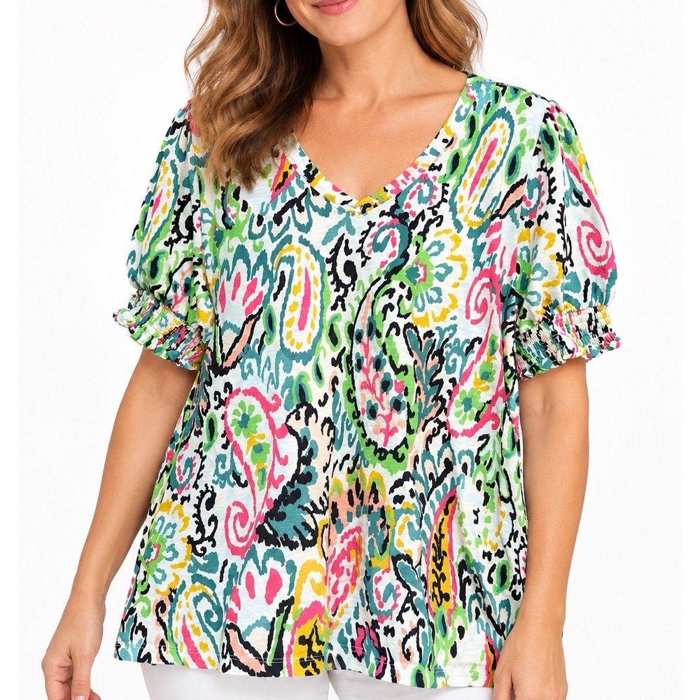 Belle by Kim Gravel Womens XXL Paisley V-Neck Puff Sleeve Smocked Cuff Top Multi